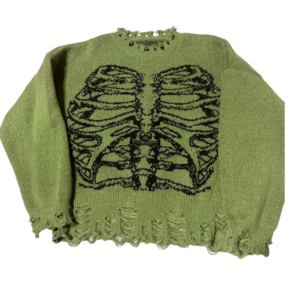 Green Skeleton Rib Cage Distressed Knit Sweater Grunge Goth Oversized Crewneck